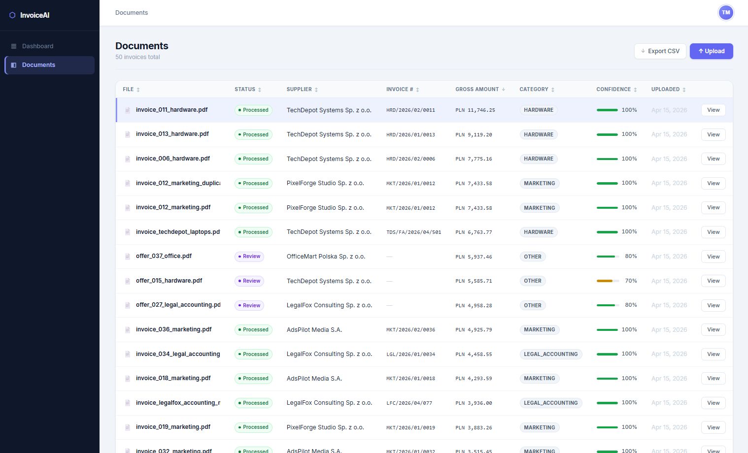 InvoiceAI - automatyczna analiza i klasyfikacja faktur - screen 5
